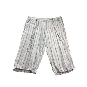 Liz Claiborne Striped Linen Blend Capri Pants XXL Elastic Waist Belt White Grey